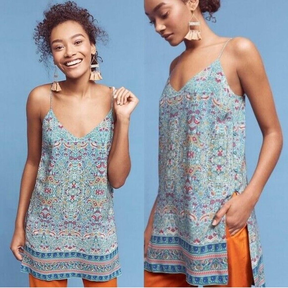 Anthropologie Maeve Turquoise Silk Paisley Tunic Top | Boho‎ Strappy Back. Sz 6